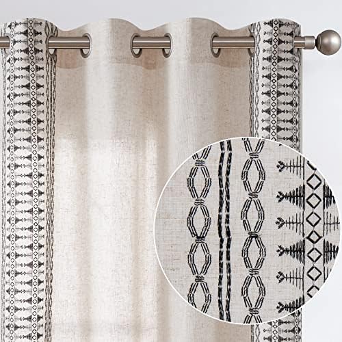 Lazzzy Linen Curtains Bordered Boho Curtains Embroidered Drapes Light Filtering Privacy Window Treatment Set for Living Room Bedroom Grommet Top 2 Panels 84 Inch Length Black on Beige
