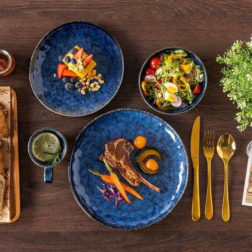 Image of vancasso Starry 16 Pieces Dinnerware Set for 4, Reactive Glaze Blue Stoneware Plates and Bowls Set, Dishes Set with Mugs for 4, Microwave & Dishwasher Safe