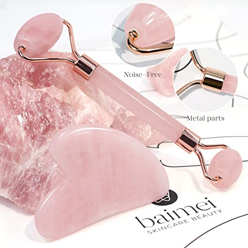 Baimei Jade Roller & Gua Sha, Face Roller, Facial Beauty Roller Skin Care Tools, Rose Quartz Massager For Face, Eyes, Neck, Body Muscle Relaxing And Relieve Fine Lines And Wrinkles #TOP1