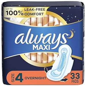 Always Maxi Pads Size 4 Overnight Absorbency Unscented with Wings, 33 Count
