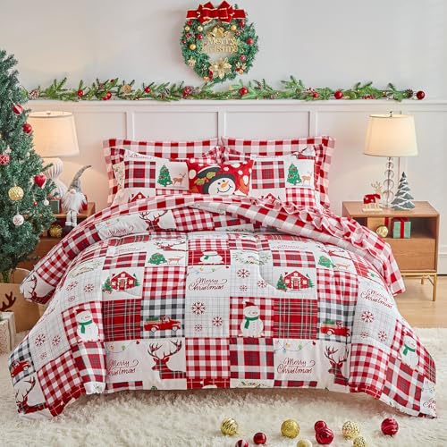 Joyreap 3pcs Christmas Comforter Set Xmas Black n Red Plaid Patchwork Design Soft Microfiber Bedding Comforter for All Season (Twin 68x86 inches)