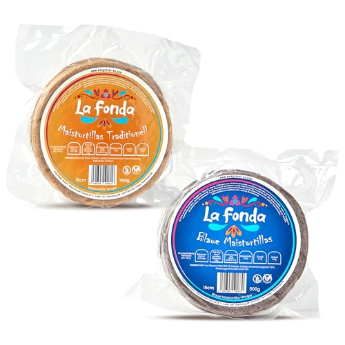 La Fonda Maistortillas (2er Pack) – Blaue Maistortillas 15 cm 500 g und Gelbe Maistortillas 15 cm 500 g. Glutenfreie Tortillas Mexikanische traditionelle für Tacos und Quesadillas