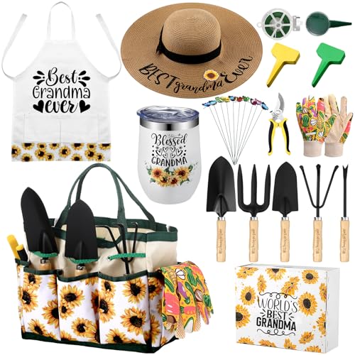 Lasnten 16 Pcs Mothers Day Garden Gift for Grandma Women Garden Tools Sunflower Birthday Gardening Supplies from Grandson Gloves Apron Insulation Cup Fork Trowel Tote Bags for Plant Lover Present