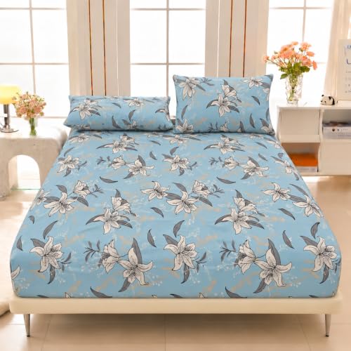 Image of VOMZER Elastic Fitted Warm Flannel Bedsheet King Size Warm Velvet Bedsheet for Winter Double Bed | 2 Pillow Covers, Size - 72 x 78 x 8 Inches (Serene Blue Floral)