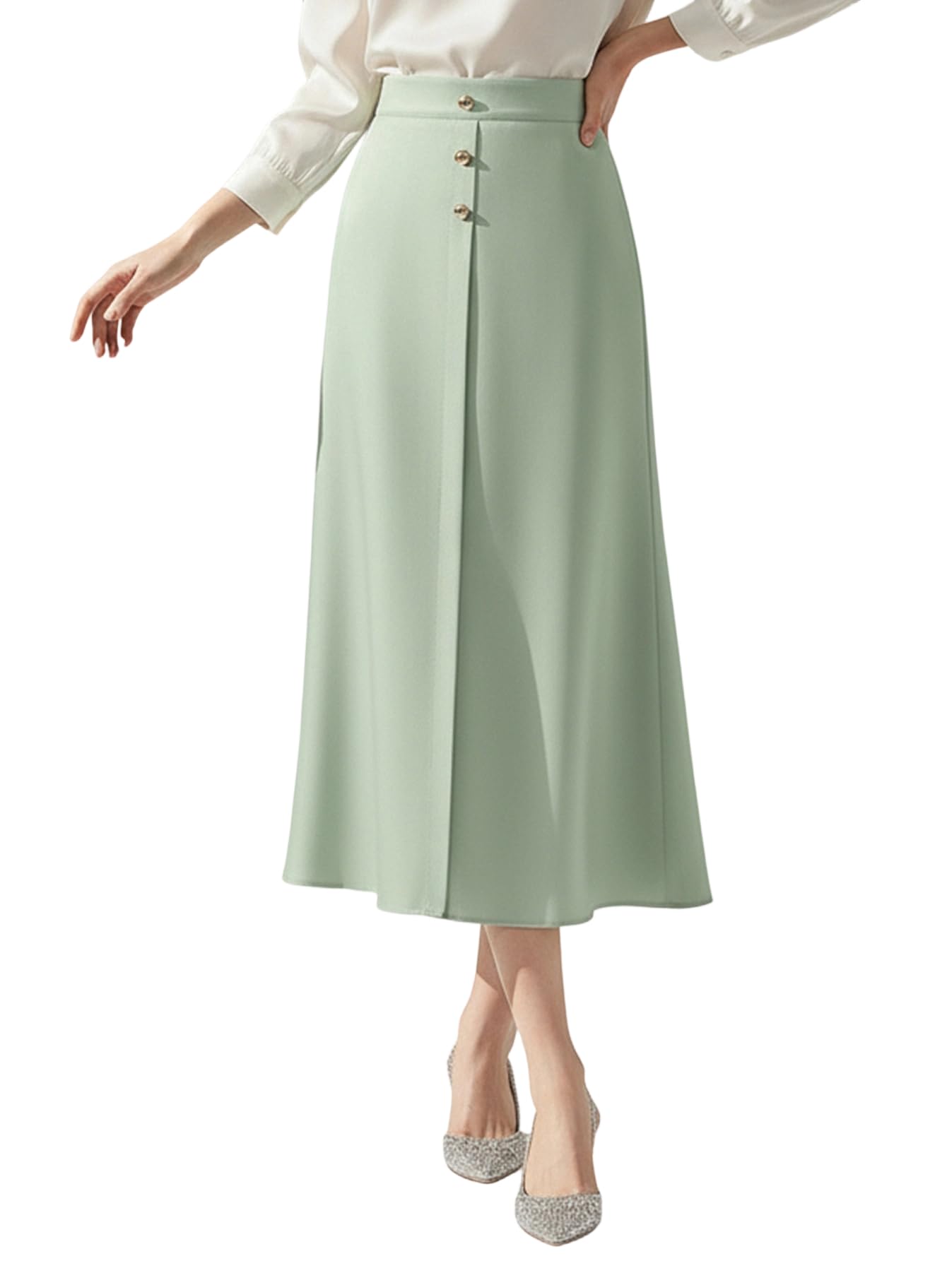 Womens Solid Color Suit Midi Skirt A Line Buttons Front Skirts Business Work Outfits