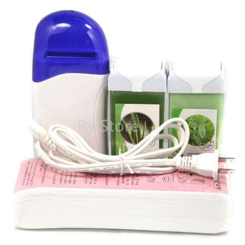 4 in 1 Roll on Refillable Depilatory Wax Heater Waxing Hair Removal Skin Care Salon Kit Tools Machine with 100 PCS Paper Strip , Tea Tree Aloe Taste 100g Wax , 110v Us Plug