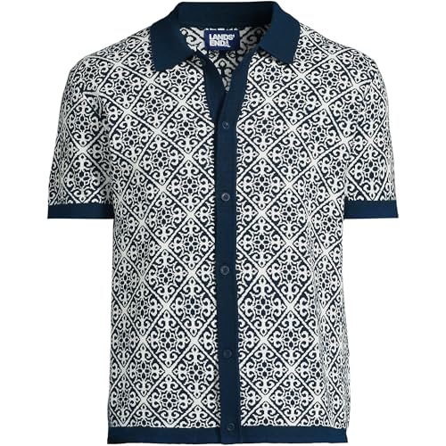 Lands' End Men's Short Sleeve Tile Jacquard Button Down Sweater Polo3