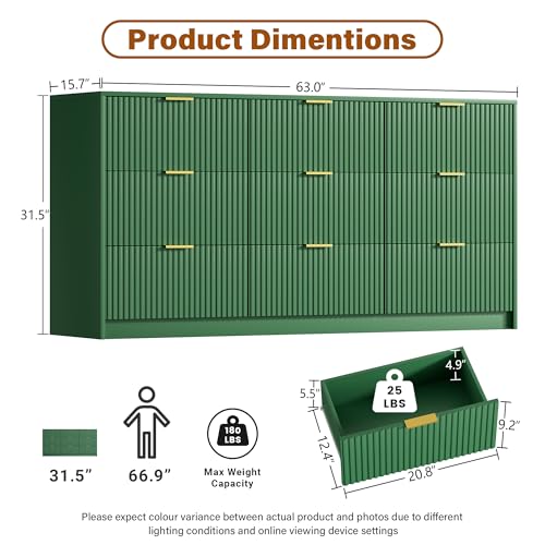 Image of Furniway Green Dresser for Bedroom, Modern Dresser with 9 Drawers and Smooth Slides, Wide Chest of Drawers with Golden Handles for Bedroom, Living Room, Closet, 15.7 inch D x 63 inch W x 31.5 inch H
