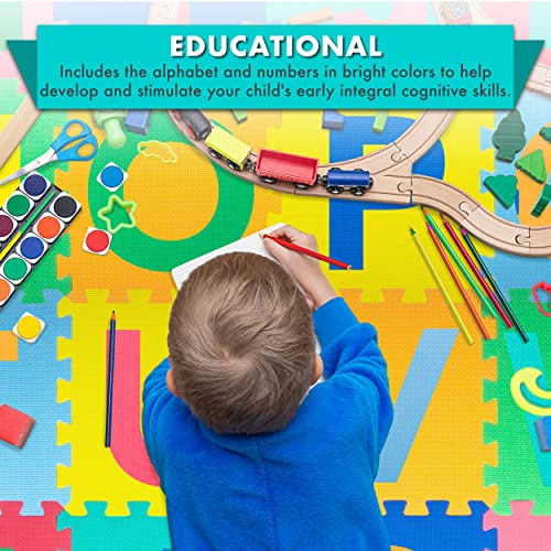 Image of ProSource Kids Puzzle Alphabet, Numbers, 36 Tiles and Edges Play Mat, 12 inch by 12 inch, Abc & 123
