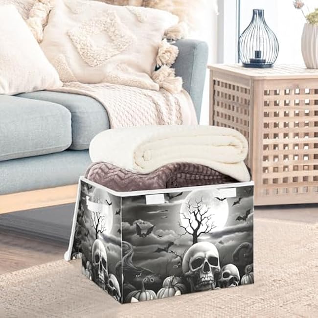 Skull Pumpkin Night Lidded Storage Bins with Handles - 16.5x12.6x11.8 Foldable Organizing Box, Oxford Fabric & Honeycomb Board, Dust-Proof Flip Lid for Closet/Office