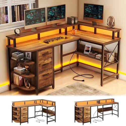 Amazon.com: Halitaa L Shaped Computer Desk with LED Lights and Power ...