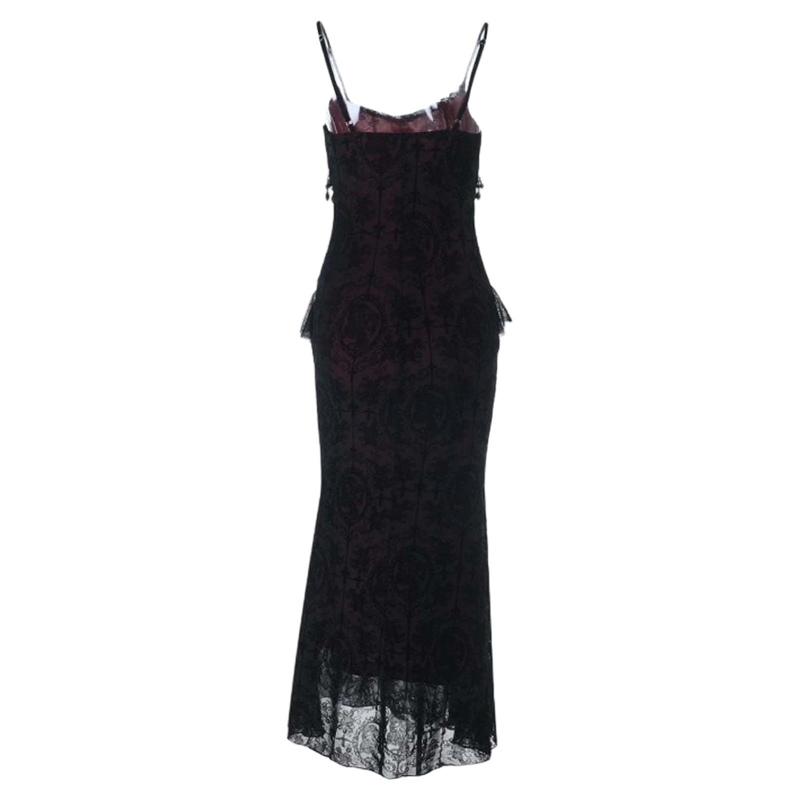 Vestido gótico con tirantes para mujer, vestido largo de encaje con escote sin mangas y detalle central, silueta formal para disfraz de fiesta de vampiro, festivales de otoño, reuniones temáticas