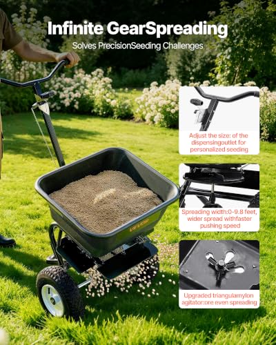 Image of VEVOR Broadcast Spreader 100 lbs Capacity Walk-Behind Push Spreader Black | For Lawn Garden, 0-9.8 ft Spreading Width, 13 in All Terrain Pneumatic Tires, Hopper Grate for Seed Fertilizer Salt Ice Melt | For Lawn Garden, 0-9.8 ft Spreading Width, 13 in All Terrain Pneumatic Tires, Hopper Grate for Seed Fertilizer Salt Ice Melt