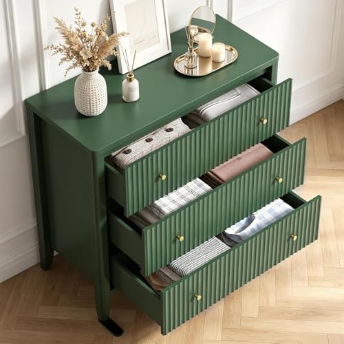 Image of Fatmok Fluted 3 Drawer Dresser for Bedroom Set of 3, 34 inch Wide Chest of Drawers, Modern Wood Nightstand End Table with Metal Handles, Striped Storage Cabinet for Living Room, Hallway,Green