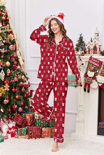 Image of Ekouaer Womens Satin Pajama Set Classic Pattern Silky Pj Sets Button Down Sleepwear Loungewear,Medium,Red Chirstmas Teddy
