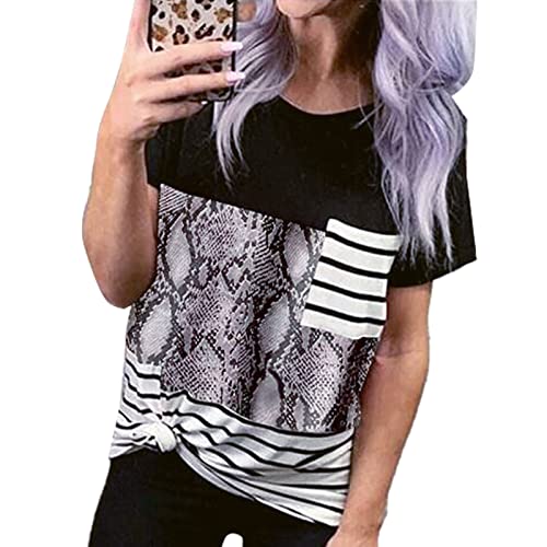 FRZY Camiseta de verano para mujer, poliéster suave, estampado personalizado, empalme, corte suelto, cuello redondo, bolsillo informal, camiseta de manga corta para mujer para la vida diaria S