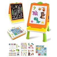 Elovien Kids Easel, 4 in 1 Double Sided Toddler Art Easel with Chalkboard & Magnetic Whiteboard, Foldable Tabletop Easel with Drawing & Writing Accessories - Educational Toy for Boys Girls (Orange)