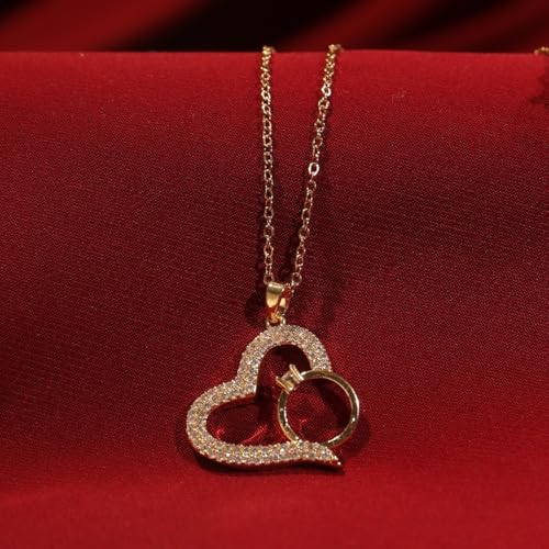 Image of SALTY Anti Tarnish Graceful Heart Ring Pendant Necklace for Women | Stylish Locket Chain | Fashion Jewellery Accessories for Girls | Minimal Jewelry | Ideal for Gifting | Marriage, Birthday | Gift for Valentine Day
