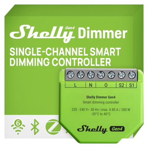 Shelly Dimmer Gen4 - Module variateur de lumière LED sans fil 150W, Gradateur Zigbee, Wi-Fi, Bluetooth avec Matter, Sans fil neutre, Contrôle à distance application, Alexa, Homekit, Google
