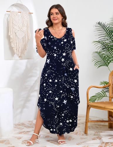 Image of JollieLovin Womens Plus Size Casual Summer Maxi Long Dress Cold Shoulder V Neck Beach Sundresses