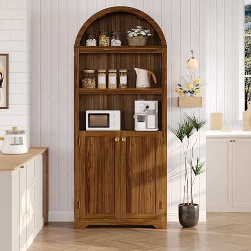 Garvee 72 in Walnut Arched Bookcase with Gold Pulls, 5-Tier Freestanding Pantry Cabinet with Double Doors & Adjustable Shelf, Mid-Century Style Storag