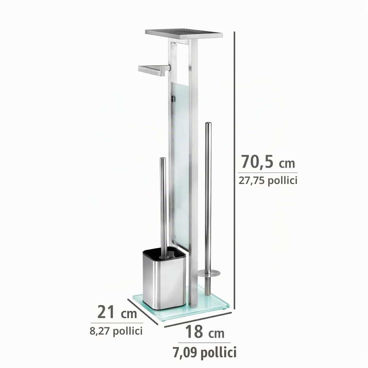 WENKO Piantana portarotolo e scopino WC Debar con ripiano - Portascopino WC, Acciaio inossidabile, 21 x 70.5 x 18 cm, Satinato