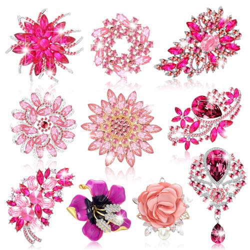 10 Pcs Brooches for Women Elegant Rhinestone Bouquet Brooch Pin Crystal Flower Brooch Pink snowflake pin for Wedding Bridal Dress Corsage Bouquet Coats Jackets Sweaters Clothing Accessories