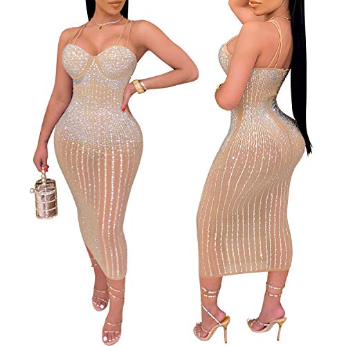 Image of PORRCEY Women's Sexy Rhinestone Lace Sheer Mesh Formal Evening Dress
