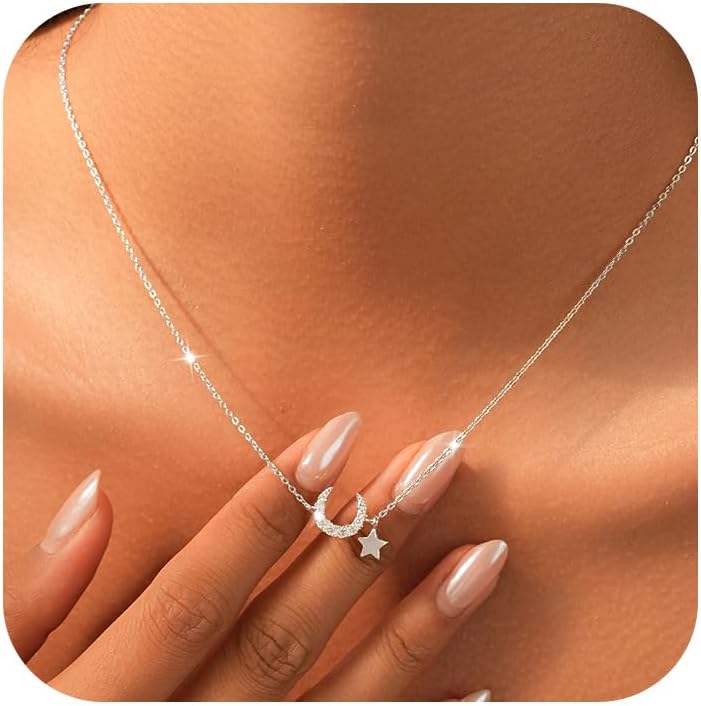 Crescent Moon Necklace for Women, 925 Sterling Silver Dainty Moon Star Choker Necklace to Daughter 14k Gold Plated Cubic Zirconia Moon Pendant Necklaces Jewelry Gift for Birthday Valentine's Day
