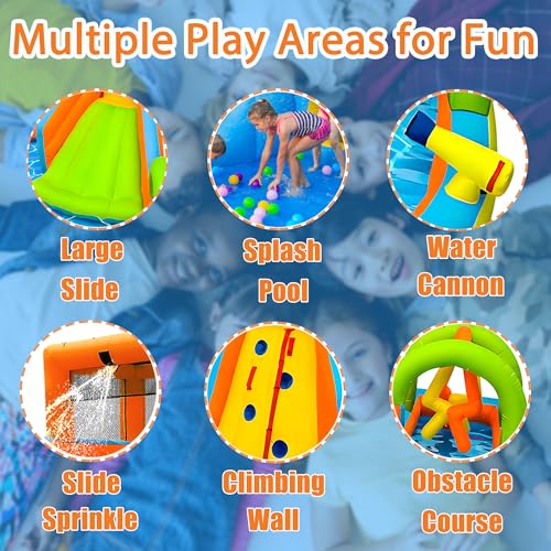 Inflatable Water Slide, 6-in-1 Obstacles Bounce House Water Park with 550W Blower,Climbing Wall, Splash Pool & Water Cannon, Durable Bouncy Castle Outdoor Summer Toy for Backyard Fun — view 3