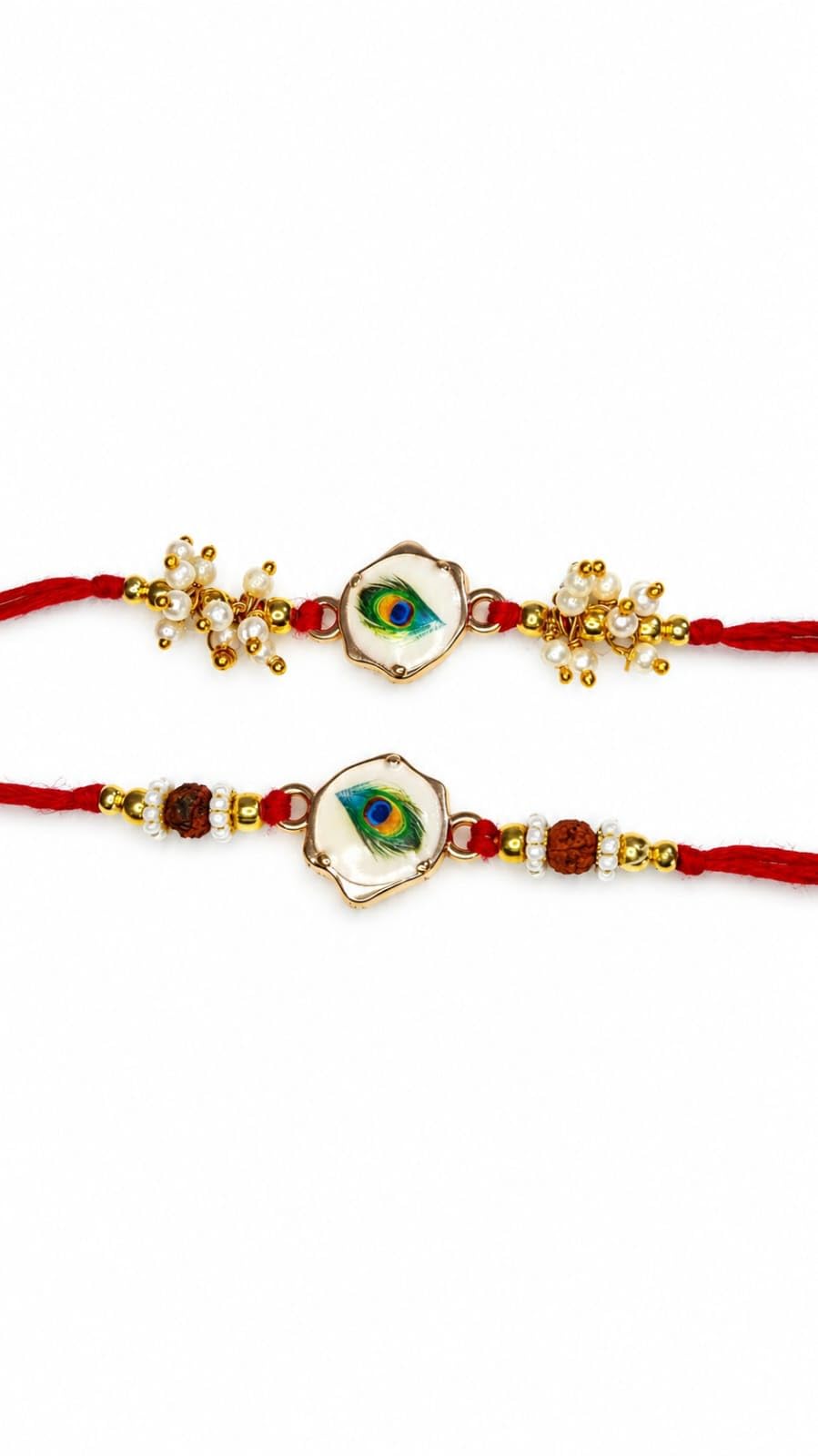 Premium Morpankh Bhai-Bhabhi Rakhi Set | Peacock Feather Designer Rakhi with Rudraksha, Pearl & Golden Beads | Traditional Raksha Bandhan Gift for Brother & Bhabhi-image-29