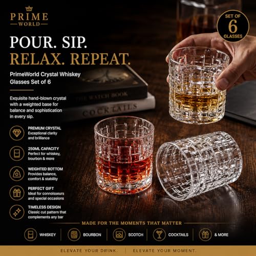Image of PrimeWorld Crystal Whiskey Glasses Set of 6 | 250ml Hand-Blown Crystal Drinking Glasses with Weighted Bottom | Premium Barware for Bourbon, Scotch, Cocktails, Whisky, Wine & Beverages