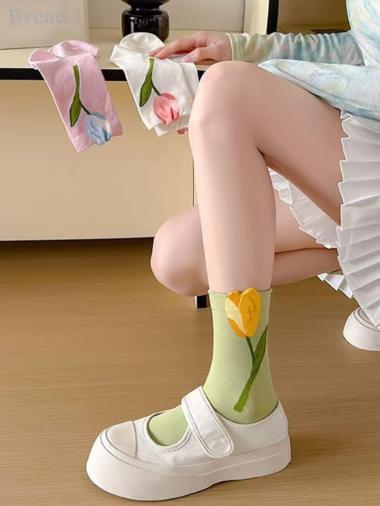 MarJunSep Cute Floral Crew Socks for Women Teen Girls Flower Cottagecore Frilly Vintage Fancy Cotton Socks - Image 3