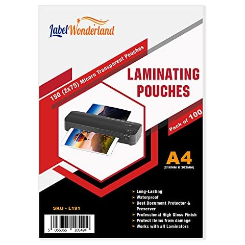 A4 Laminating Pouches 150 Micron Pack of 100 Laminating Pouches A4 Transparent Laminator Pouches Gloss Heat Laminate, Best Document Protector for Sharp Outline Pictures (216 x 303 mm) Labelwonderland® Cover
