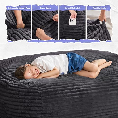 Image of Hobestluk 3FT Bean Bag Chairs Adult Bean Bag with Portable Handle Comfy Large Bean Bag Chair with Removable Cover for Living Room Bedroom or Reading Nook (Stripe Dark Grey, 3FT)