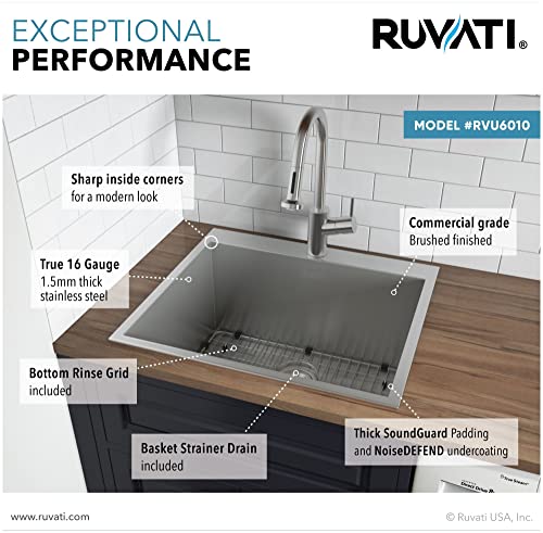 Ruvati Drop-In Topmount Laundry Utility Sink 25 X 22 X 12 Inch Deep 16 Gauge Stainless Steel - Rvu6010 #TOP6