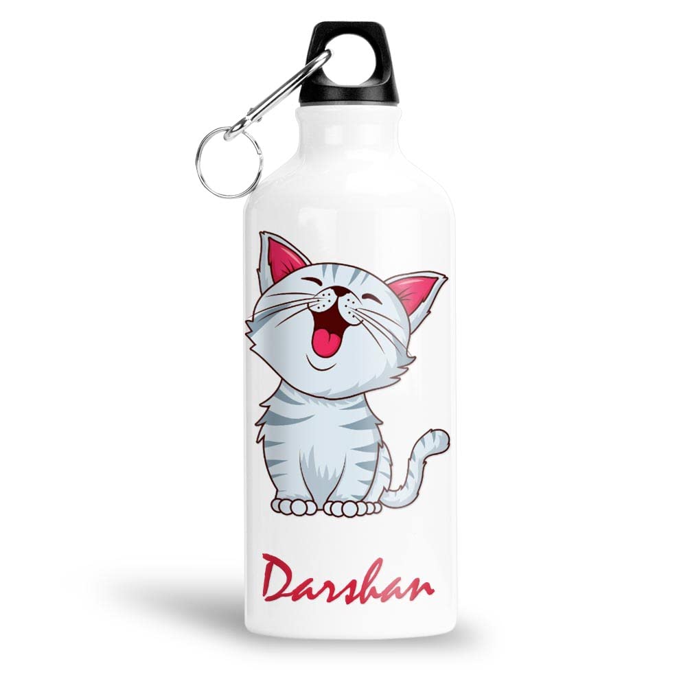 FurnishFantasy Cute Cat Personalised Aluminium 750ml Water Bottle for Kids - Best Birthday Gift for Son, Daughter, Brother, Sister, Return Gift for kids - Color - White, Name - Darshan