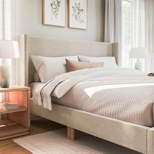 Image of Martha Stewart Maisie King Wingback Upholstered Platform Bed, Beige | Cushioned Siderails, Wood Slat Foundation, No Box Spring Needed