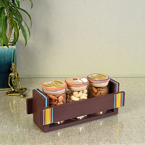 Image of AAKRITI ART CREATIONS Pichhwai Storage Containers for Nuts and Seeds S03 | Jar Holder with 3 Glass Jars | Handcrafted Pichhwai Art Storage Jars | Kitchen Decoration Items Stylish Jars