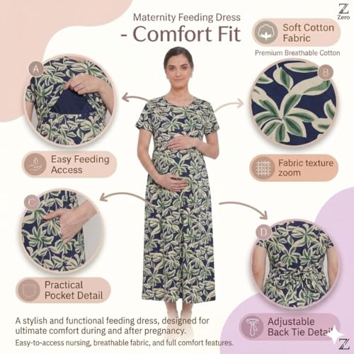 Image of Zero Clothing Feeding Dress for New Moms Casual Loungewear Ankle Length | Cotton Maternity Nighty | Zipless Feeding Dresses for Women | Pregnancy & Nursing Wear