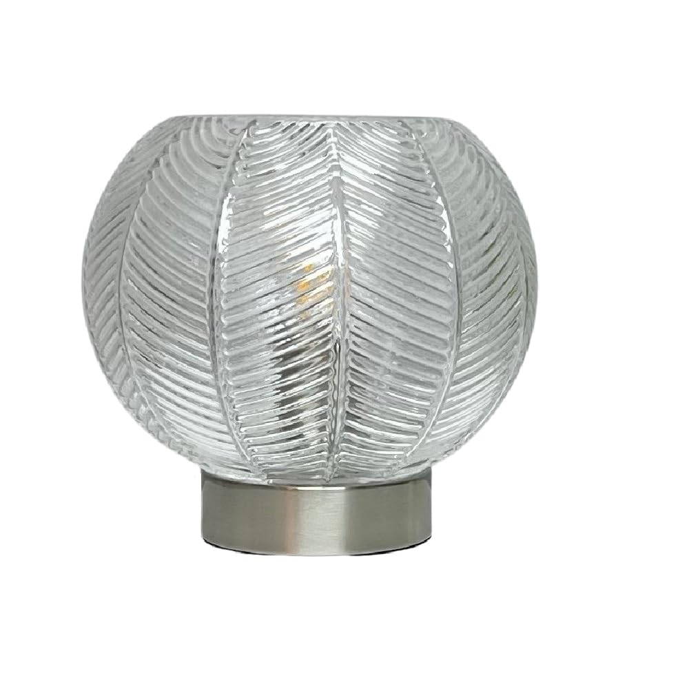 Britalia BRLLEAFCLEAR/TL Brushed Chrome and Clear Ribbed Glass Vintage Globe Table Lamp - 20cm Diameter