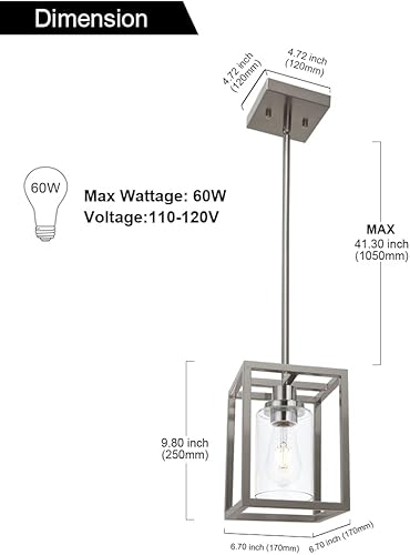 Miniatura 5 de VINLUZ Iluminación colgante contemporánea, 1 luz de níquel cepillado con pantalla de vidrio transparente para cocina, isla, entrada, comedor,