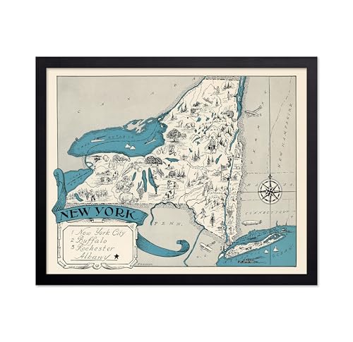 Poster Master Vintage New York State Print - Retro Map Poster - Educational Art - Gift for Teacher, Student, Travel Lover - Wall Decoration for Classroom, Office, Dorm - 11x14 Black Framed