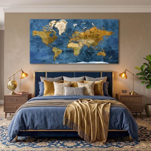 Image of World Map Wall Art for Living Room - Large Blue World Maps for Wall Decor, Framed Canvas Map Wall Art, Modern Abstract Office Wall Art, Artwork for Walls 29x58IN