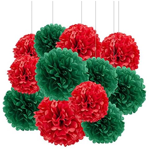 ZooYoo 12pcs Dark Green and Red Hanging Tissue Paper Pom Poms Decorations for Christmas Party Ceiling Wall Tissue Flowers Decorations - 2 Colors of 12 Inch, 10 Inch Cover