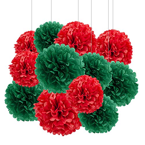 ZooYoo 12 Stück dunkelgrüne und rote Seidenpapier-Pompons zum Aufhängen für Weihnachten, Party, Decke, Wand, Seidenblumen, Dekorationen - 2 Farben von 30,5 cm, 25,4 cm Cover
