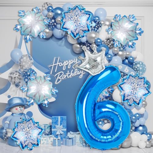 Image of Winter Snow Balloons Frozen Snow Themed Birthday, Silver and Blue Large Foil Mylar 40inch 3 Number Balloon with Crown for Princess Elsa Birthday Party Decorations Supplies for Women