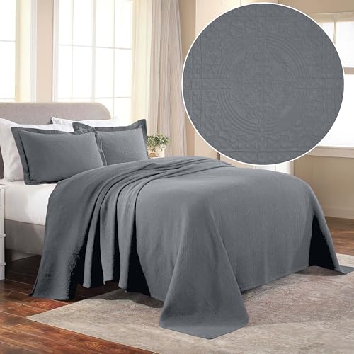 Superior Cotton Fleur De Lis Bedspread Set, Warm Blankets, All-Season Bedding, Bedroom Decor, Decorative Boho Medallion Coverlet, Includes 1 Bedspread, 1 Pillow Sham, Twin, Grey
