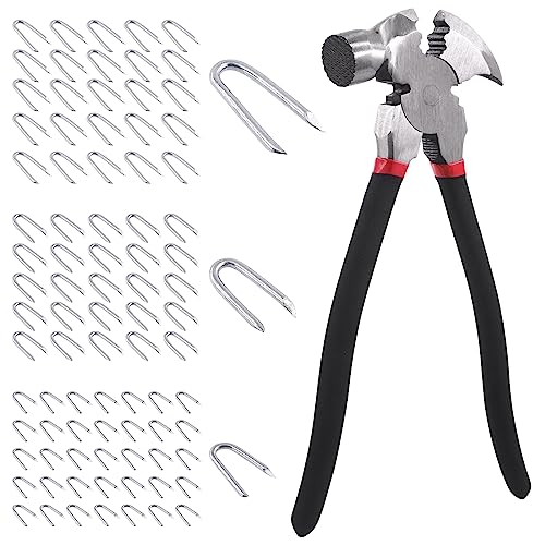 Swpeet 151Pcs 10 Inch Fencing Plier with Hammer Head and 3 Sizes 3/4" 5/6" 3/2" Steel Wire Staples Set, Nail Puller Pliers, Staple Puller for Installing, Maintaining and Repairing Wire Fences