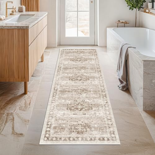 Hazo Haus Boho Long Bathroom Runner Rug 24 x 72 Washable Non Slip - Soft Stain Reistant Rugs for Kitchen, Laundry Room, Hallway Runner - Neutral Floral Design Décor (2x6 Beige/Latte) by Hazo Haus - Used condition - CA$26.12